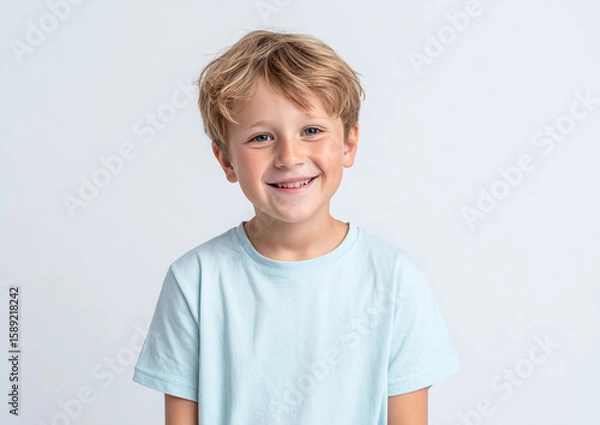 Fototapeta Smiling boy looks at the camera against a white background. Marketing, web, design.