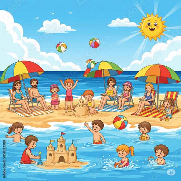 Fototapeta Kids build sandcastles, swim, and relax under colorful umbrellas. Sunny weather with a joyful, family-friendly beach scene.