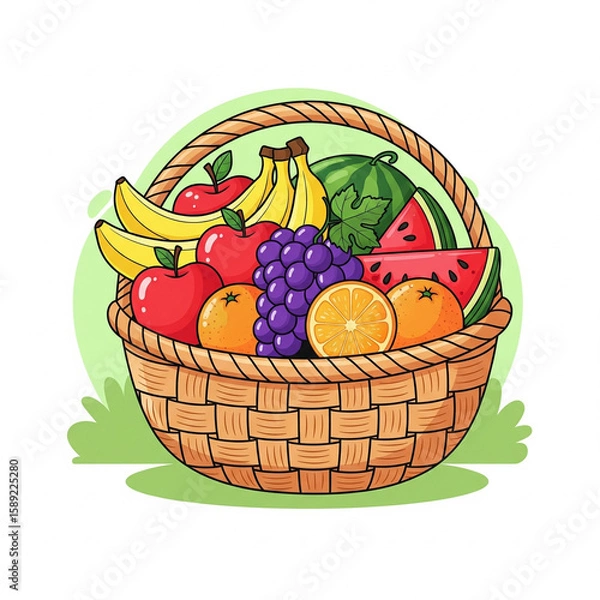 Fototapeta A vibrant fruit basket filled with bananas, apples, grapes, watermelon slices, and oranges sits on a simple green backdrop.