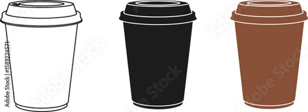 Obraz Three coffee cups in different styles, a line drawing, a solid black fill, and a brown fill, showcase a range of design options for coffee branding and marketing materials.