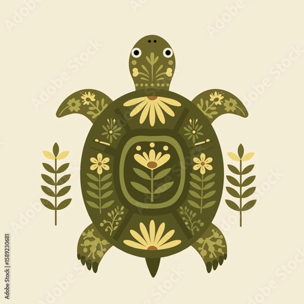 Fototapeta Decorative turtle design with floral patterns on light background  for eco-friendly decor and marine life lovers in modern art style