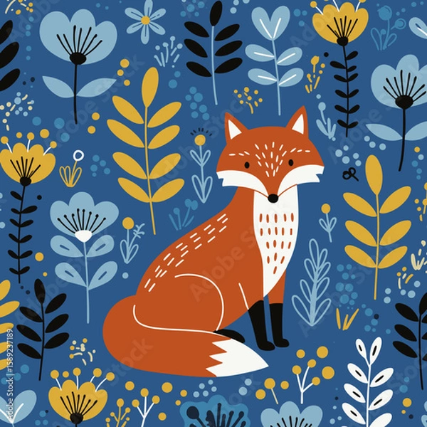 Fototapeta Cartoon fox sits among colorful flowers and leaves on a blue background, pattern for textiles, children's products, bookstores, notebooks, exercise books, children's room