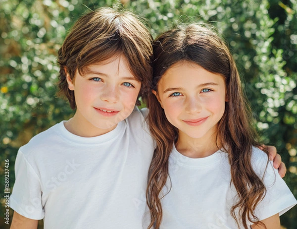 Fototapeta Siblings hug, smile. Boy and girl in tees pose against a green backdrop. Family, lifestyle, friendship concepts. Design, marketing, web use.