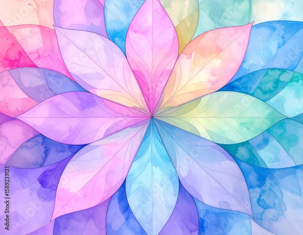 Obraz Watercolor flower in soft pastel colors. Symmetrical floral pattern with layered petals in pink, purple, and blue. Gentle texture and creative style. Perfect for backgrounds, greeting cards, prints