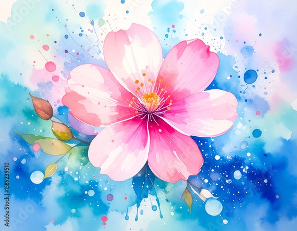 Obraz Watercolor flower in soft pastel colors. Symmetrical floral pattern with layered petals in pink, purple, and blue. Gentle texture and creative style. Perfect for backgrounds, greeting cards, prints