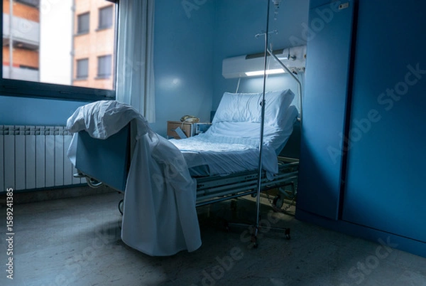 Fototapeta Empty Hospital Bed in a Dimly Lit Recovery Room