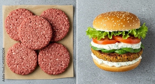 Obraz Uncooked plant based burger patties on paper next to a assembled vegan burger sandwich