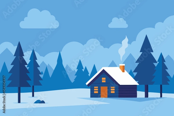 Obraz quiet snowy forest with a small log cabin 