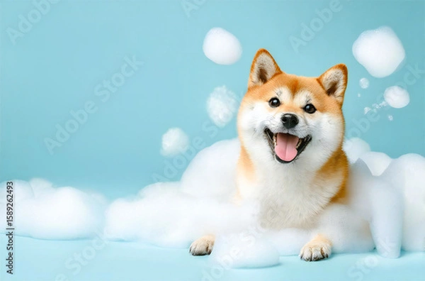 Obraz お風呂タイムを楽しむ柴犬