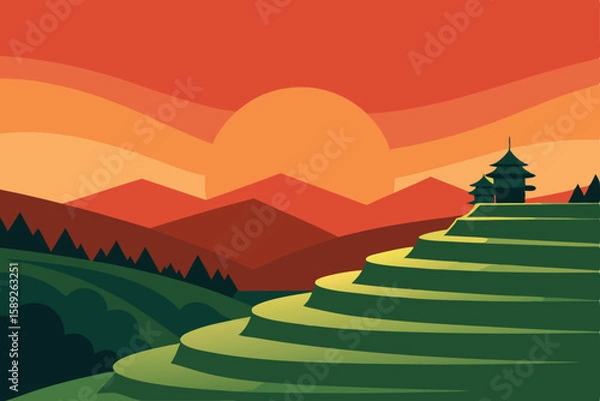 Obraz sunset over calm rice terraces in asian countrysid.svg