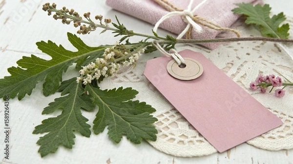 Fototapeta Delicate natural elements with a pink gift tag and twine on a white surface