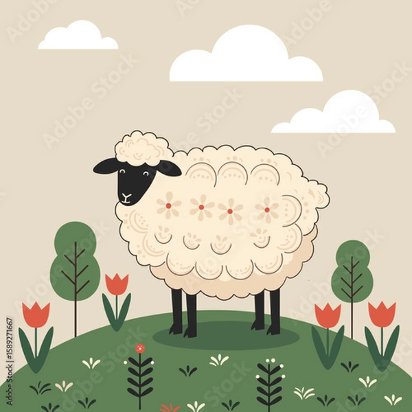Fototapeta Cute sheep standing on grassy hill with flowers and clouds  