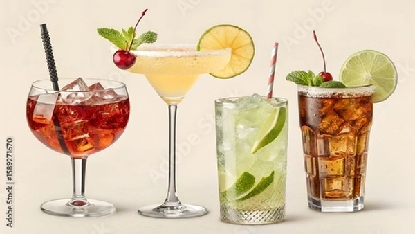Fototapeta Four Distinct Summer Cocktails with Garnishes Including Mint, Lime, Cherry, and Citrus in Decorative Glassware