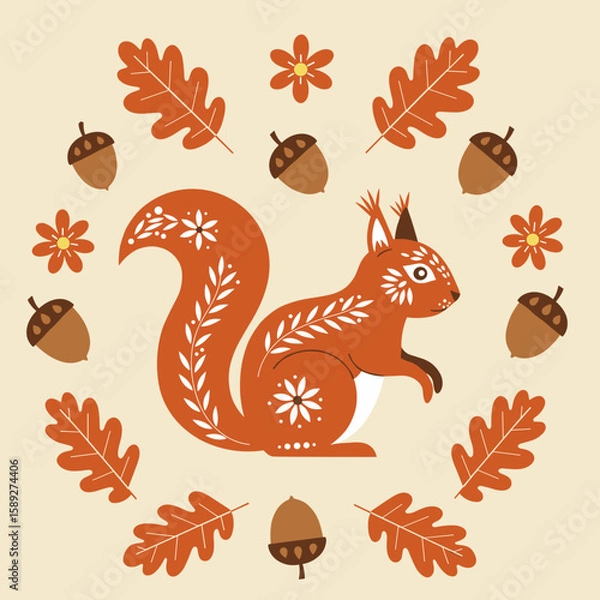 Fototapeta Cute squirrel with floral patterns surrounded by leaves and acorns  