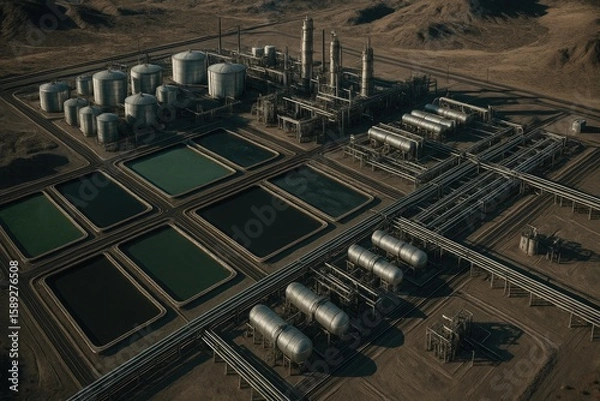 Fototapeta Aerial view of an industrial oil refinery in a desert landscape. Large storage tanks and pipelines are visible, surrounded by barren terrain.