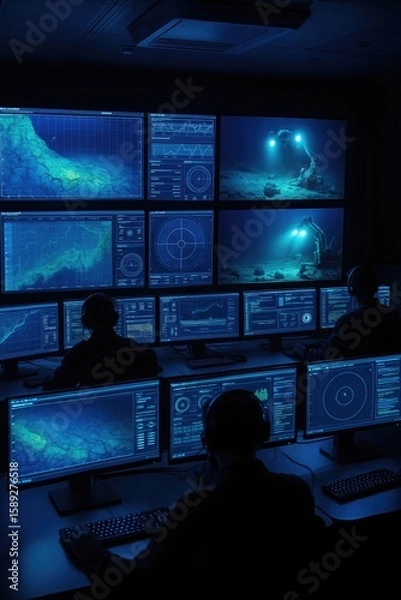 Fototapeta A dark control room with multiple screens displaying underwater exploration data. Two operators monitor the screens, surrounded by blue lighting.