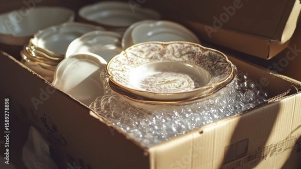 Obraz Packaged delicate porcelain plates and bowls in a cardboard box with bubble wrap for safe moving or storage.