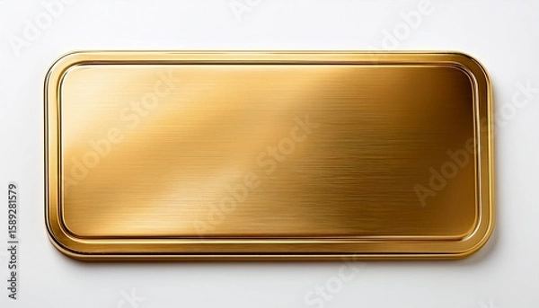 Fototapeta rectangular gold metal plate with a smooth polished surface and rounded edges showcasing a reflective finish ideal for design and branding purposes isolated on white background