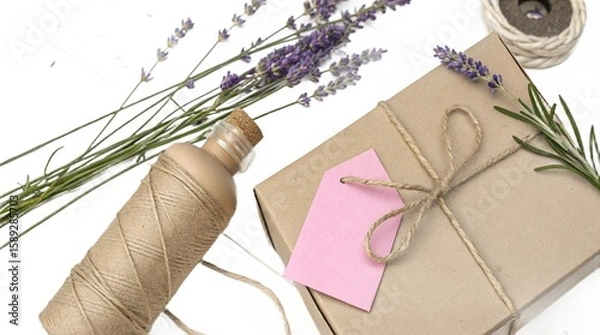Fototapeta Gift wrapping with lavender twine and a pink tag on a white background
