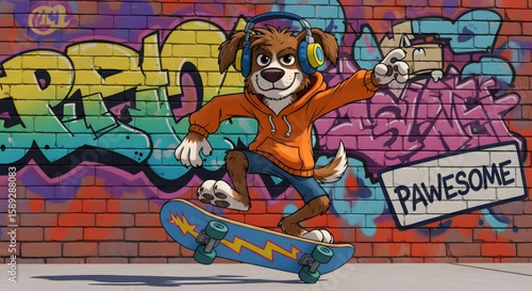 Fototapeta A cool cartoon dog with headphones rides a skateboard against a graffiti brick wall background, showcasing urban youth culture.