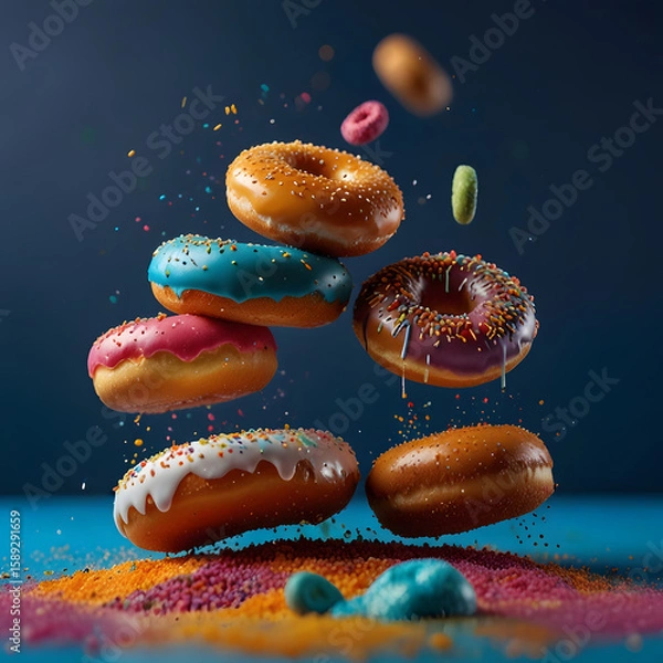 Fototapeta Colorful Donuts Flying in Air with Sprinkles on Blue Studio Background