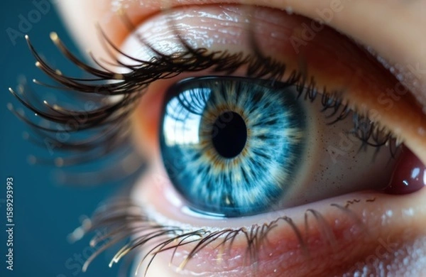 Obraz Close-up of a human eye with vibrant blue iris and detailed eyelashes