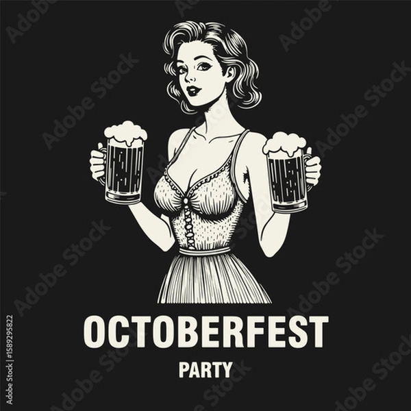 Fototapeta Black and white flat vector illustration of a smiling girl in a dirndl with deep neckline holding two beer mugs. Oktoberfest or International Beer Day themed design.