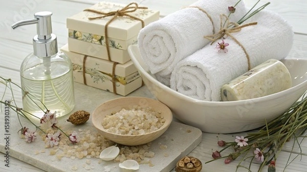 Fototapeta Relaxing spa essentials with natural elements and gentle aromatherapy