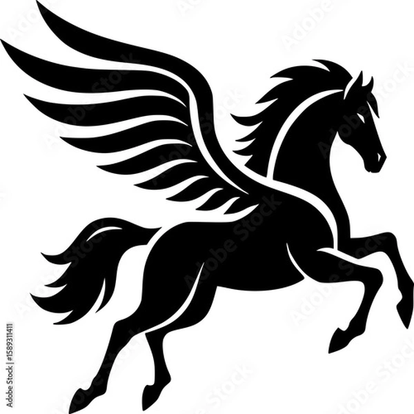 Obraz Majestic Pegasus Silhouette: A striking black silhouette of a Pegasus, showcasing its powerful form and spread wings, captures the essence of myth and fantasy.
