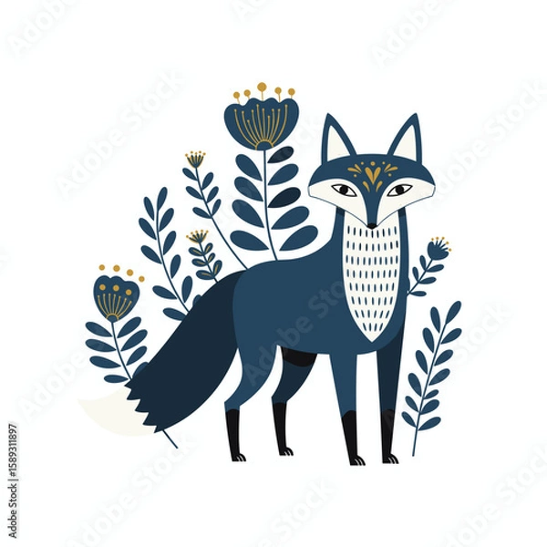 Fototapeta Stylized blue fox standing among decorative plants and flowers in Scandinavian style, for decorating mugs, textiles, notepads, notebooks, printed and souvenir products