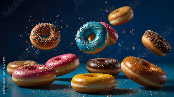 Fototapeta Colorful Assorted Donuts Flying with Sprinkles on Blue Background