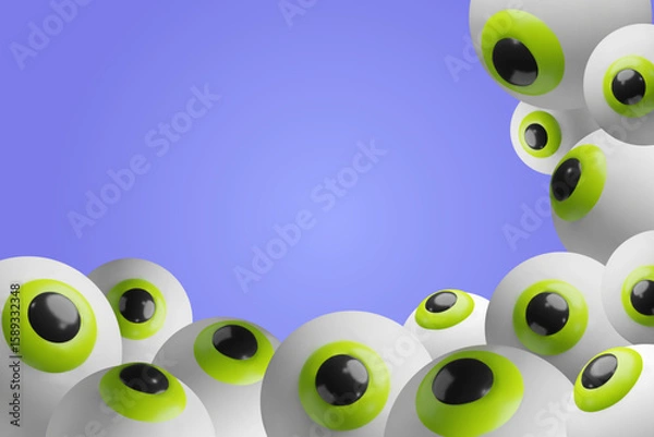 Fototapeta Minimalistic 3D poster featuring a group of green frame eyeballs watching from the sides. Playful, clean and fun design for seasonal events, party invitations, or social media graphics.