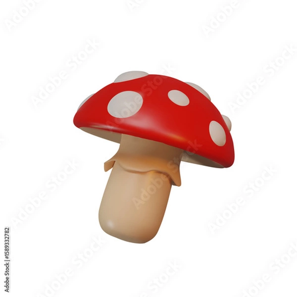 Fototapeta 3D vector illustration of a red fly agaric mushroom with glossy white spots and soft shading. A magical forest element for autumn, Halloween, nature themes, or fantasy design projects.
