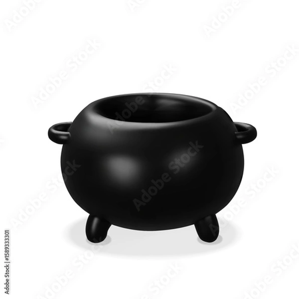 Fototapeta 3D black cauldron with round body and matte surface. Suitable as a kitchen pot, fantasy element, witchcraft prop, or decorative container for food, magic, or game design.