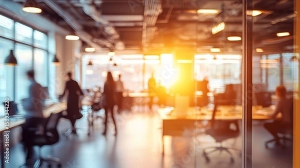 Obraz Blurred Figures Collaborating in a Sunset Workspace 