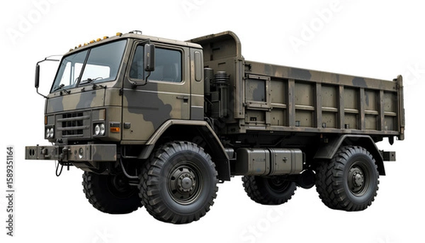 Obraz Military Cargo Truck – Olive Drab Camouflage Vehicle with Boxy Cab and Large Tires Side Profile Isolated on Transparent Background
