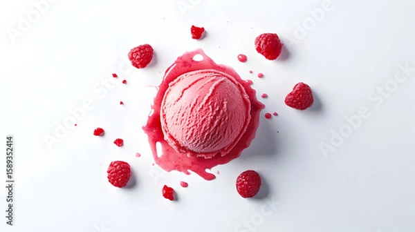 Fototapeta Raspberry ice cream scoop with fresh raspberries and sauce on white background, top view
