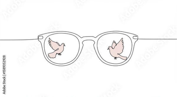 Fototapeta Glasses with illustration of birds in soft outline vector style  ,peace day