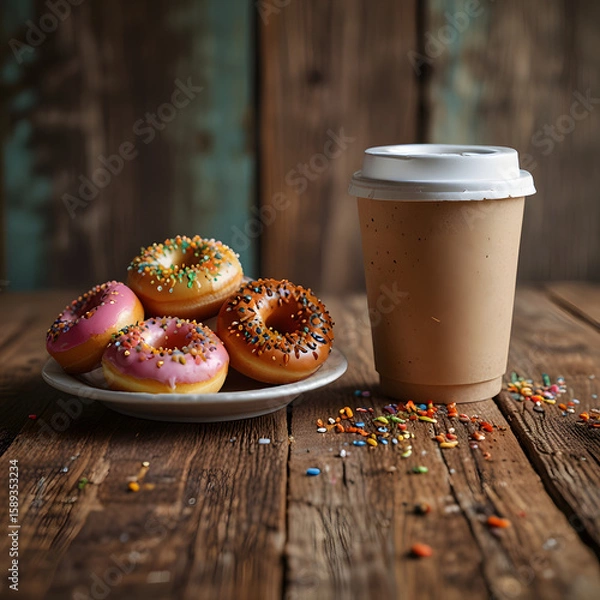 Fototapeta Coffee and Donuts on Rustic Wooden Table with Sprinkles