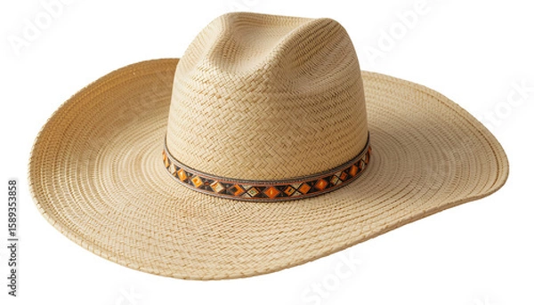 Obraz Close-Up of Straw Cowboy Hat – Light Beige Wide-Brim Hat with Patterned Decorative Band Isolated on Transparent Background