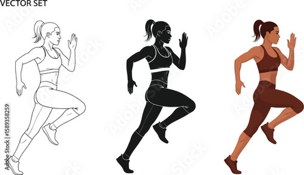 Fototapeta Vector set showcases a woman running, depicted in line art, silhouette, and full color, highlighting fitness, athleticism, and the dynamic motion of a female runner.