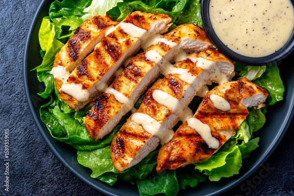 Fototapeta Grilled chicken fillets drizzled with creamy sauce atop a bed of fresh, vibrant lettuce on a textured black plate.