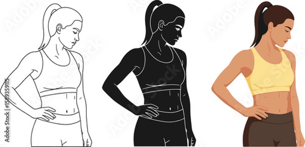 Fototapeta A vector set showcases a woman in activewear, presented in line art, silhouette, and full color, ideal for fitness, health, and lifestyle design projects with a modern aesthetic.