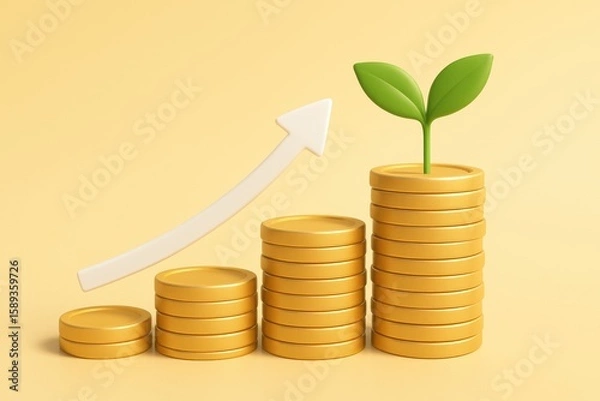 Fototapeta Financial Growth Concept: An upward-trending graph depicts the concept of financial prosperity, symbolized by stacks of coins, illustrating growth and investment.