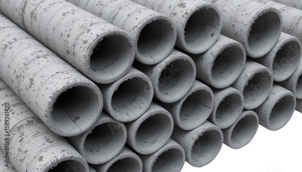 Obraz Stacked Concrete Pipes – Weathered Gray Circular Sections with Rough Texture and Visible Joints Close-Up High-Angle View