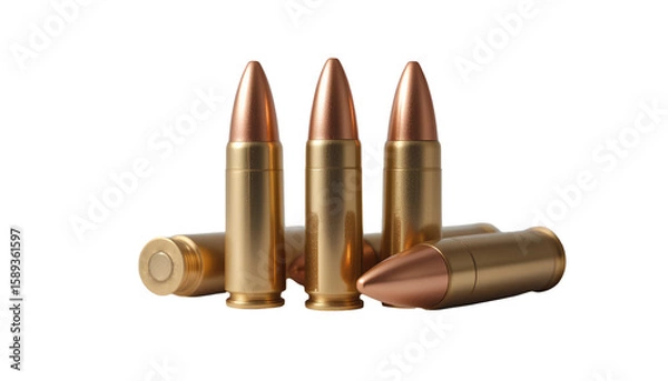 Obraz Copper-Colored Ammunition Cartridges – Cluster of Five Metallic Bullets with Shiny Finish Isolated on Transparent Background