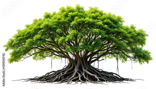 Obraz Lush Mangrove Tree with Aerial Roots – Vibrant Green Foliage and Detailed Branching Structure Isolated on Transparent Background