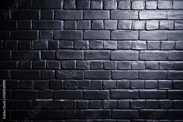 Fototapeta Dark Brick Wall: A captivating view of a dark brick wall with shadows creating a unique visual texture, with individual bricks forming a solid, structured surface.