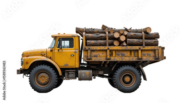 Obraz Weathered Mustard-Yellow Logging Truck – Full Side Profile with Stacked Natural Wood Logs Isolated on Transparent Background
