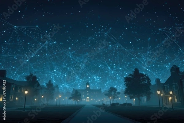 Fototapeta conceptual scene of glowing data constellation linking alumni to core graduation hub